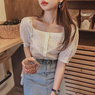 Short-sleeve Square Neck Eyelet Blouse Almond - One Size