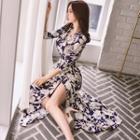 Flower Printed V-neck Long-sleeve Slim-fit Dress
