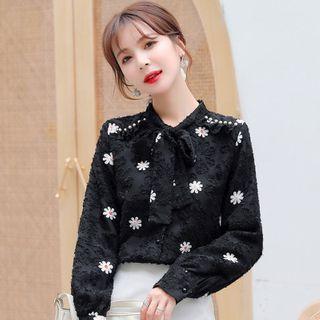 Bow Accent Flower Printed Panel Lace Blouse