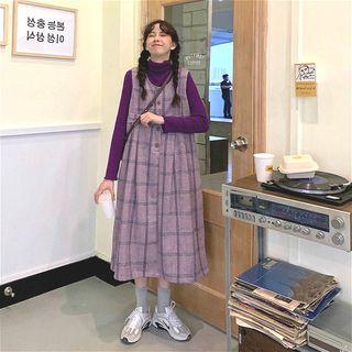 Plaid Loose-fit Sleeveless Dress / Plain Turtle-neck Long-sleeve Top