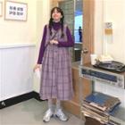 Plaid Loose-fit Sleeveless Dress / Plain Turtle-neck Long-sleeve Top
