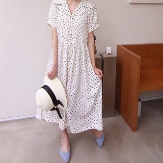 Notched-lapel Dotted Long Dress