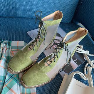 Block Heel Mesh Panel Short Boots