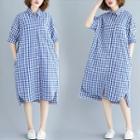 Checked Elbow-sleeve Shirt Dress Blue - One Size