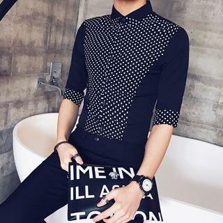Elbow-sleeve Polka Dot Paneled Shirt