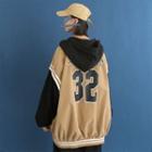 Mock Two Piece Letter Printed Hooded Baseball Jacket