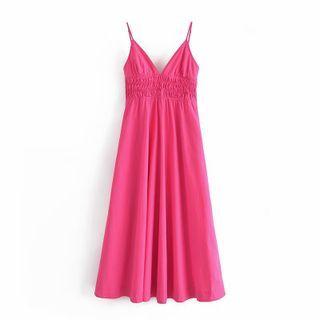 Spaghetti Striped Shirred Midi A-line Dress