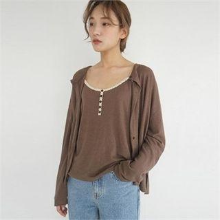 Set: Round-neck Cardigan + Spaghetti-strap Lace-trim Top