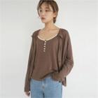 Set: Round-neck Cardigan + Spaghetti-strap Lace-trim Top