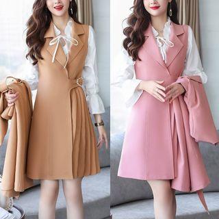 Set: Notch Lapel Sleeveless A-line Dress + Open Front A-line Coat