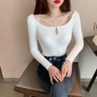 Square-neck Long-sleeve Knit Top White - One Size