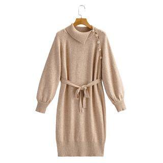 Long-sleeve Lapel Plain Tie-strap Knit Dress Khaki - One Size