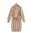 Long-sleeve Lapel Plain Tie-strap Knit Dress Khaki - One Size