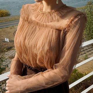 Frill-trim Shirred Tulle Top