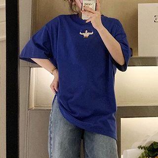 Printed Elbow-sleeve T-shirt Dark Blue - One Size