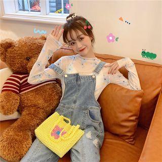 Long-sleeve Floral Mesh T-shirt Blue - One Size