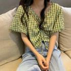 Color-block Plaid Puff-sleeve Drawcord Blouse
