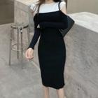 Paneled Long-sleeve Cutout Midi Knit Dress