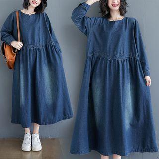 Long-sleeve Notch-neck Denim Midi Shift Dress