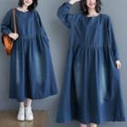 Long-sleeve Notch-neck Denim Midi Shift Dress