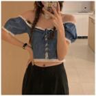 Puff-sleeve Lace Trim Lace-up Cropped Top As Shown In Figure - One Size