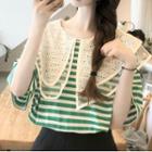 Short-sleeve Lace Collar Striped T-shirt