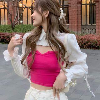 Long-sleeve Plain Shirt Shrug / Plain Camisole Top