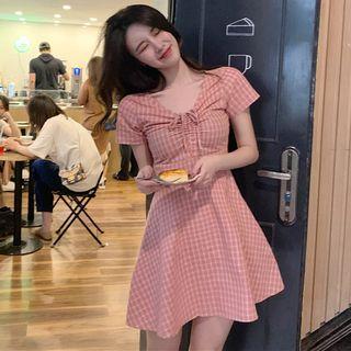 Plaid Drawstring Short-sleeve A-line Dress