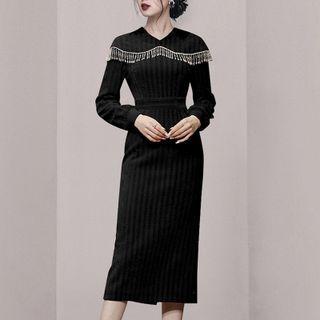 Long-sleeve Fringed Midi Sheath Dress