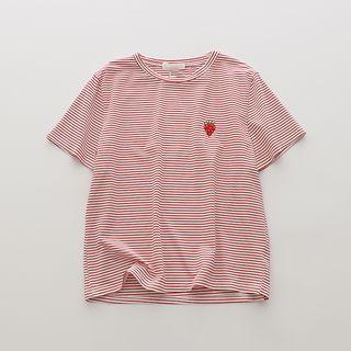 Short-sleeve Embroidered Strawberry Striped T-shirt Red - One Size