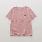 Short-sleeve Embroidered Strawberry Striped T-shirt Red - One Size