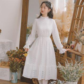 Long-sleeve Mock-neck Lace Midi A-line Dress