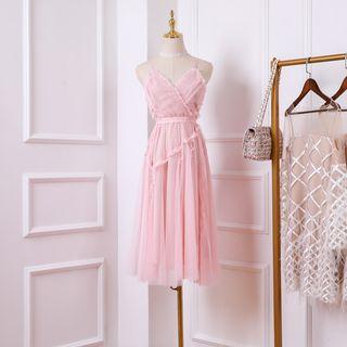 Spaghetti Strap Polka Dot Mesh A-line Midi Dress