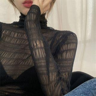 Mock-turtleneck Shirred Mesh Blouse