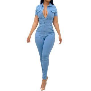 Short-sleeve Collared Denim Skinny Jumpsuit