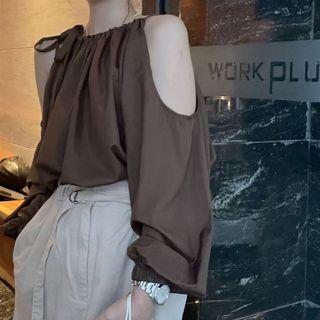 Balloon-sleeve Cold-shoulder Blouse Coffee - One Size