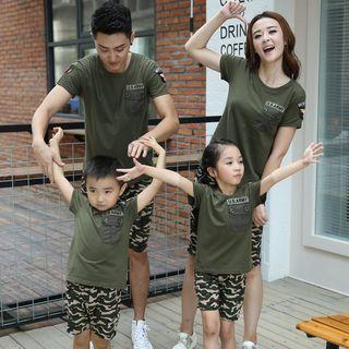 Family Matching Set: Patch Embroidered Short Sleeve T-shirt + Camo Shorts