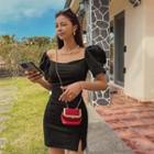 Puff-sleeve Slit Bodycon Minidress