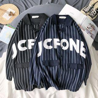 Lettering Striped Shirt Jacket