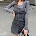 Mini Denim Jumper Dress / Long-sleeve Plain T-shirt