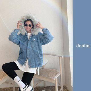 Faux-fur Trim Denim Trucker Jacket Blue - One Size