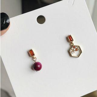 Non-matching Rhinestone Hexagon & Bead Dangle Earring 1 Pair - Red & White - One Size
