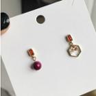 Non-matching Rhinestone Hexagon & Bead Dangle Earring 1 Pair - Red & White - One Size