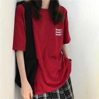 Lettering Print Crewneck Short-sleeve Top / Color-block Plaid High-waist Pants