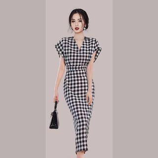 Cap-sleeve V-neck Plaid Midi Sheath Dress