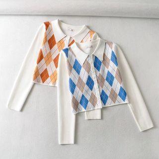 Long Sleeve Collar Argyle Print Crop Top