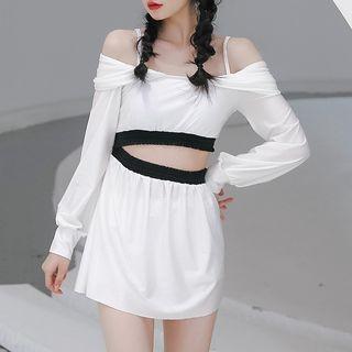 Set: Long-sleeve Cold-shoulder Crop Top + Skirt