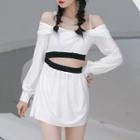 Set: Long-sleeve Cold-shoulder Crop Top + Skirt