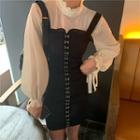 Long-sleeve Mock-neck Chiffon Blouse / Denim Mini Pinafore Dress
