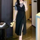 Mock Two-piece Puff-sleeve Tie-side Dress